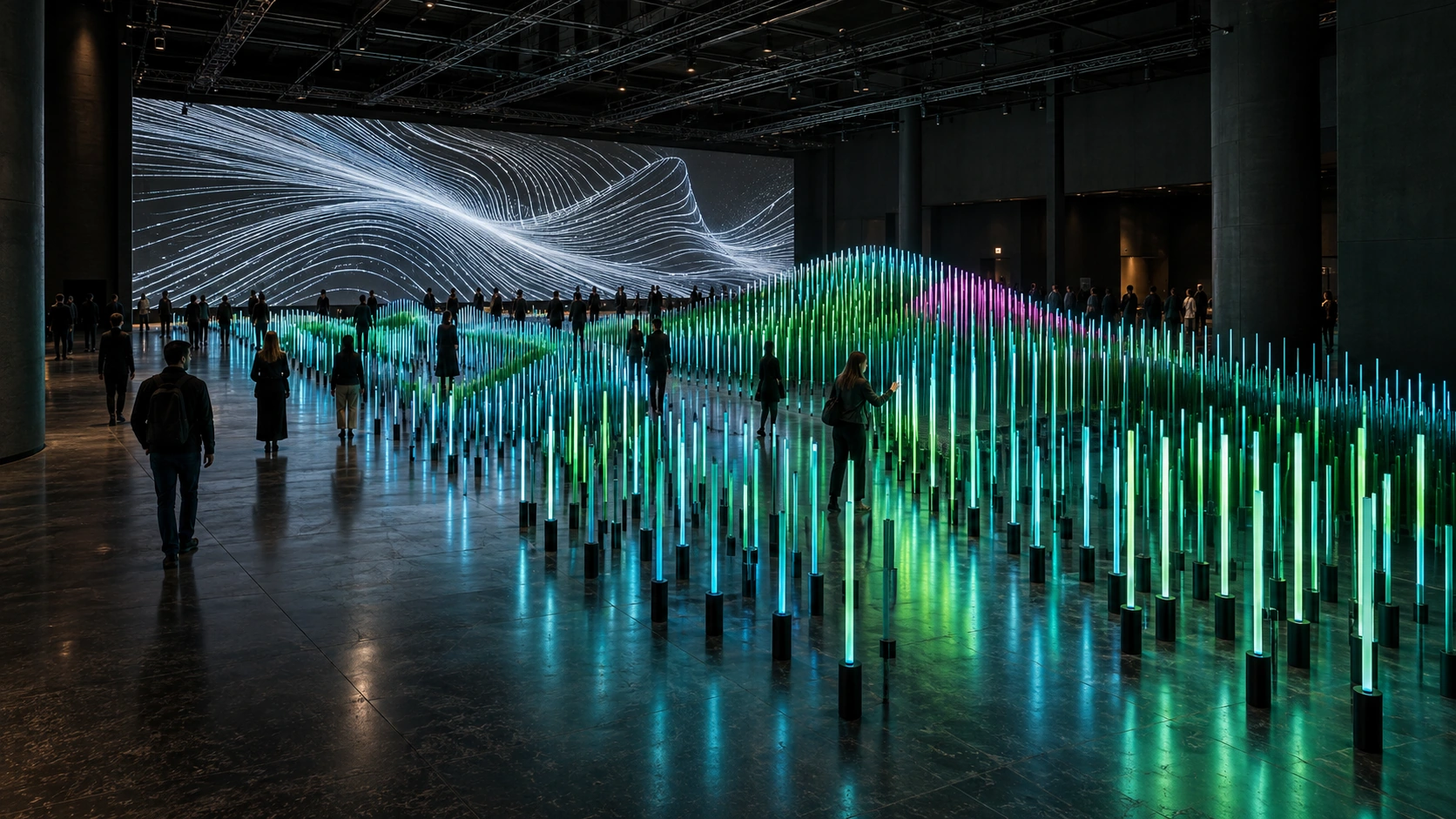 A room-scale interactive installation with cyan and green light rods and visitors exploring a luminous wave
