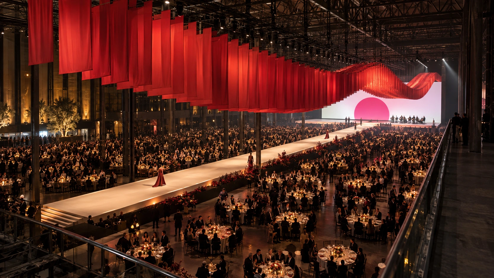 A vast gala with hundreds of suspended red fabric banners over a long illuminated runway and audience tables