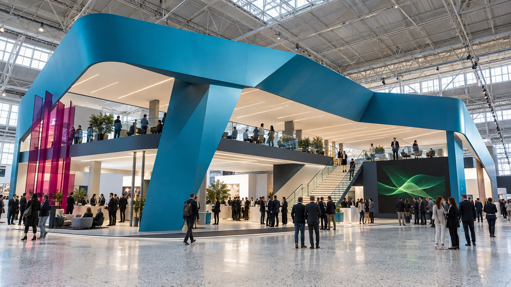 A monumental cyan exhibition pavilion with precise aluminium construction, a mezzanine and visitors