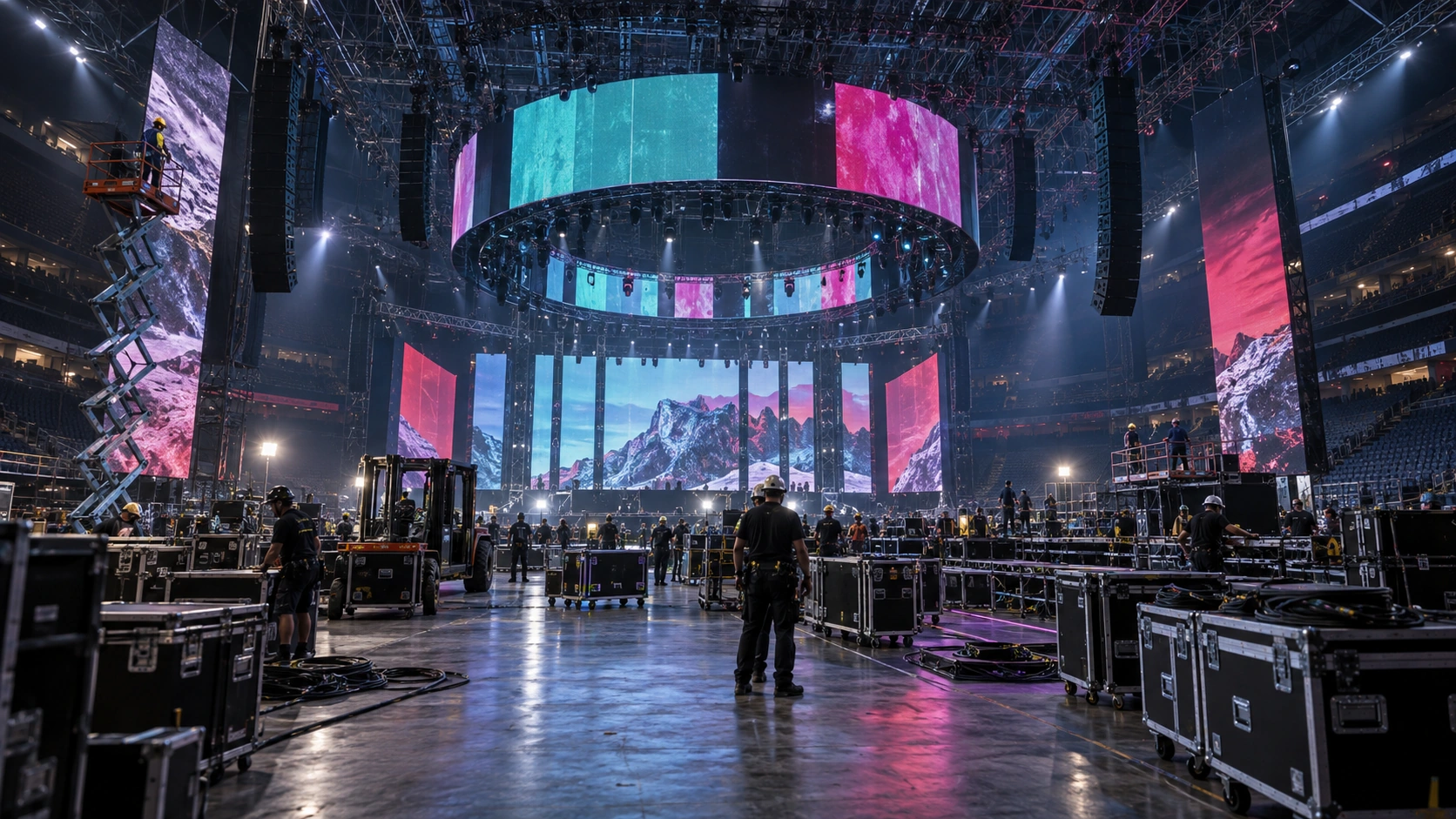 A production team preparing an arena stage