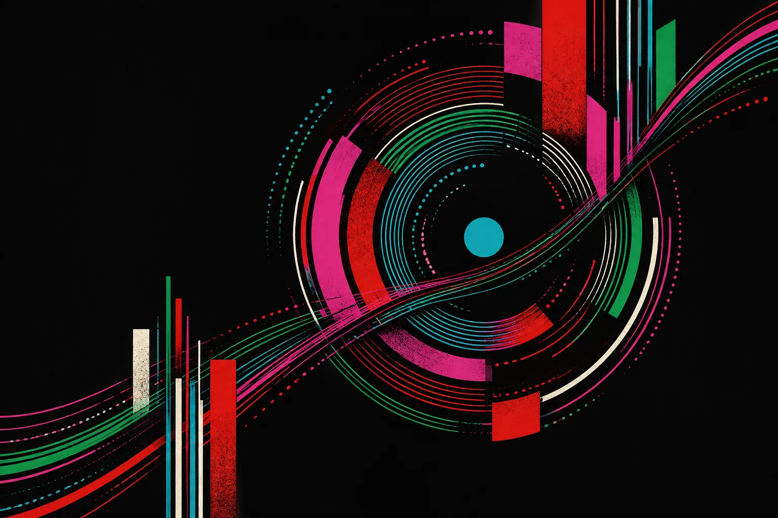 Flat graphic artwork: hundreds of colourful arcs and lines converge into one orchestrated moment